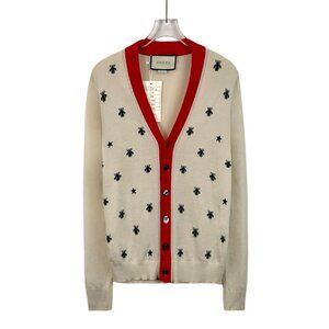 Gucci Beige Wool Cardigan With Red Trim & Insect Embroidery